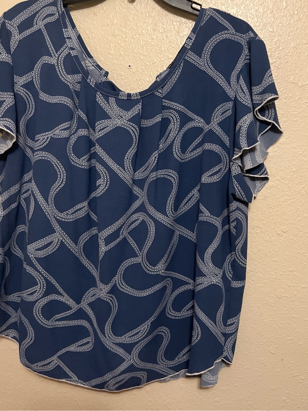 Marianne Navy Blue Blouse with White Rope Motif and Flutter Sleeves
